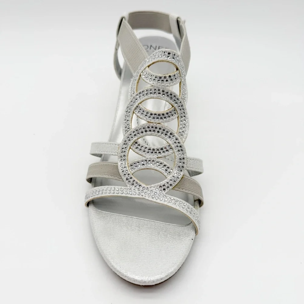 Jones New York Denice Strappy Bling Wedge Sandals Elastic Ankle Silver 7.5 NEW